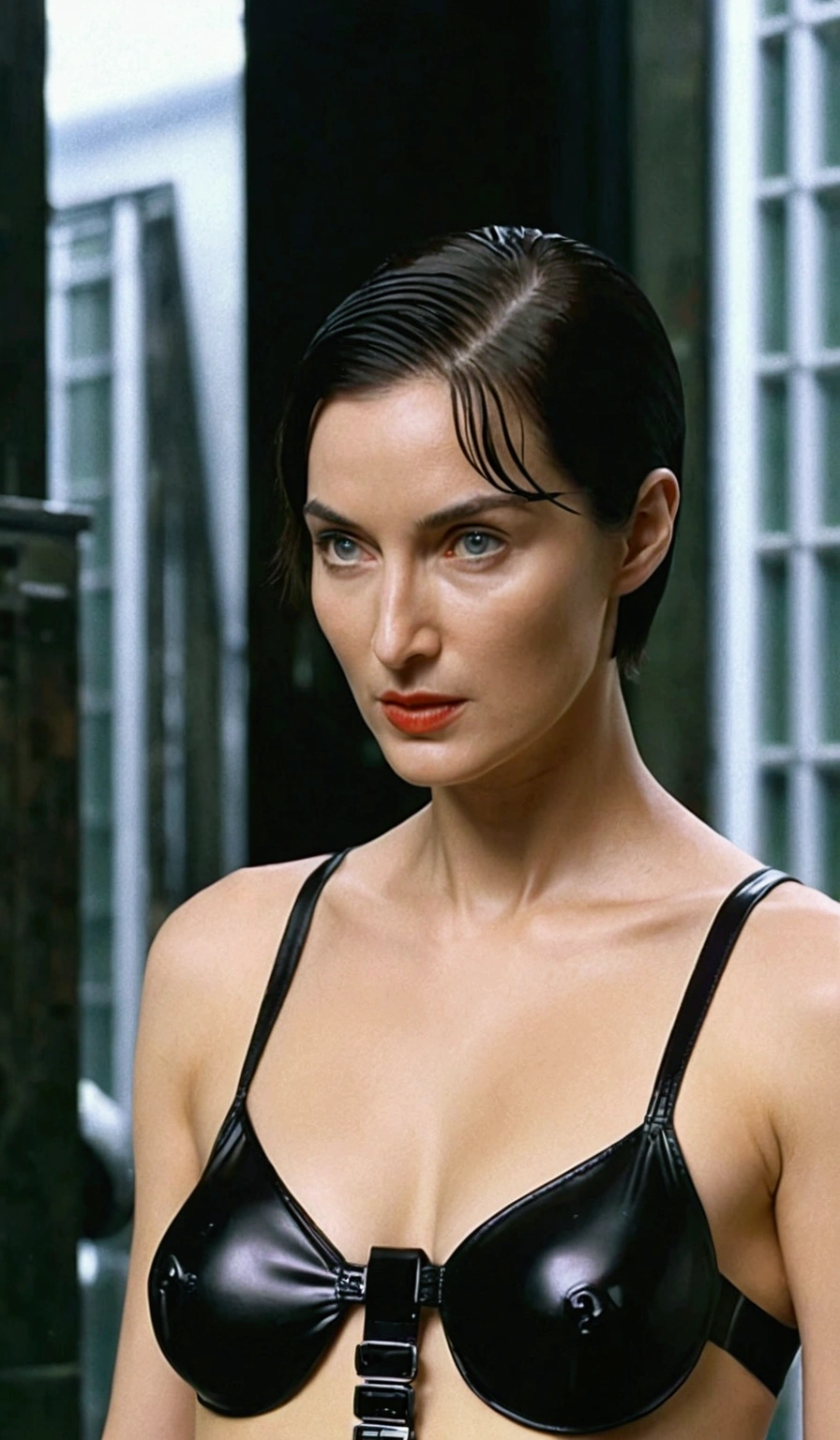 Trinity from the movie matrix. xxx. sexy. full body, lingerie. with small tight latex lingerie, full body closeup, full length cinematic shot. lingerie. sensual. sexy, background city of matrix. hyper realism. 8k. Photography, hyper realism. k. Photography (masterpiece, Super detail, High detail, Best Quality, 8k, Matrix film lighting