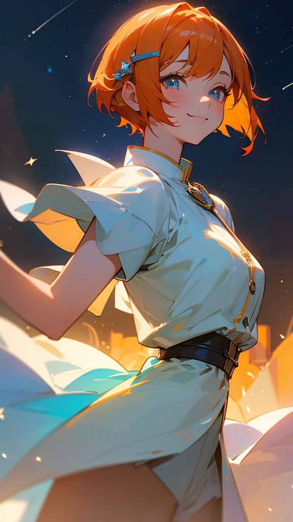 1 Girl、masterpiece、Highest quality、detailed、Light blue hair、Bob Hairstyle、Orange Hair Clip、beautiful、Dancer、Starry Sky、night、Anime-style paintings、Hard Edge、Soft Surface、smile、smile、Upper body close-up、From the side、Stage lighting、Spot lighting