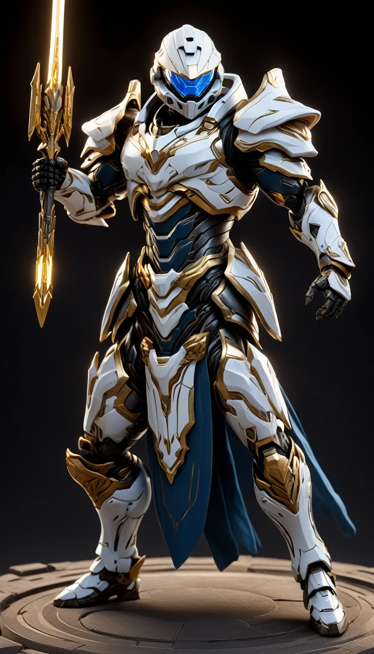 Masterpieces, Holy White Knight, Action style shot, (Battle Priest in a warframe and halo style armor wielding a spear imbued with radiant light, emanating potent light magic.), (white blue, silver color scheme), (gold edged armor), (white hood and cape), (action shot: holding spear, (quiver on back), white and blue tabard (solid color background), centered, full body shot, (dynamic action stance pose), sci-fi knight, Halo master chief, vibrant colors, visible figure joints, cinematic shot, volumetric lighting, intricate pattern detail, highly detailed