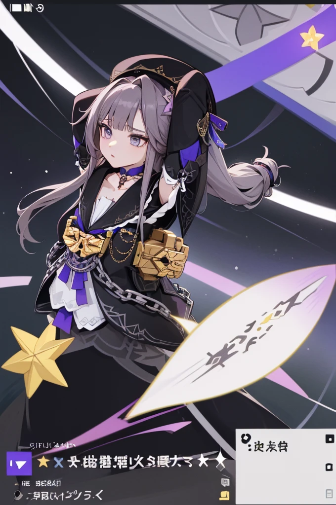 aaherta, long hair, grey hair, hair flower, beret, black headwear, joints, choker, key, sailor collar, shoulder cutout, white dress, detached sleeves, herta, star rail herta, madam herta, star rail, arms up, absolute cinema meme, arms, front, front body