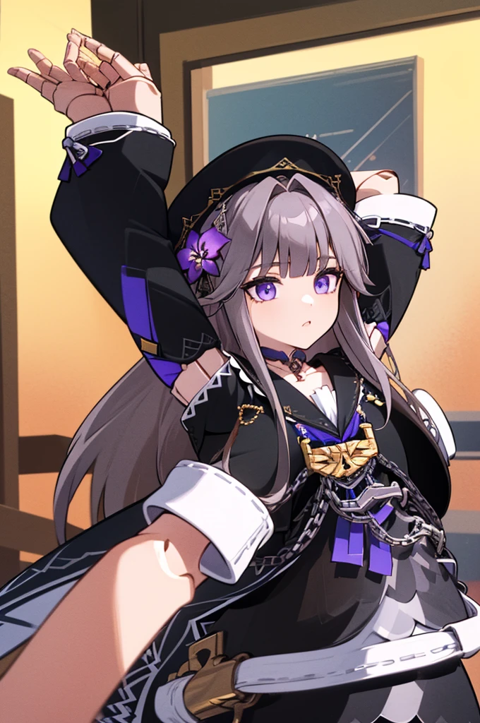 aaherta, long hair, grey hair, hair flower, beret, black headwear, joints, choker, key, sailor collar, shoulder cutout, white dress, detached sleeves, herta, star rail herta, madam herta, star rail, arms up, absolute cinema meme, arms, front, front body