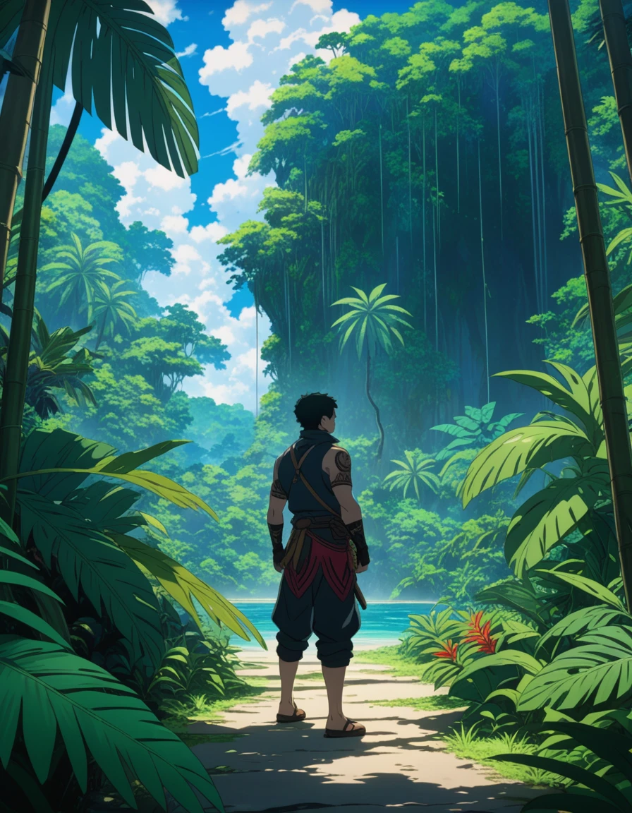 (masterpiece, best quality, vivid colors), An Assassin in the jungle exploring the surroundings, 1man, Alone, intricate details, anime screencap, full body shot, side view, the background is a tropical jungle