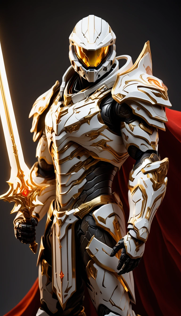 Masterpieces, male, Holy White Knight, Action style shot, (Battle Priest in a warframe and halo style armor wielding a sword imbued with radiant light, emanating potent light magic), (Red, white and gold color scheme), (white hood and cape), (action shot: holding sword), white and gold tabard (solid color background), centered, full body shot fighting, sci-fi knight, Halo master chief, vibrant colors, visible figure joints, cinematic shot, volumetric lighting, intricate pattern detail, highly detailed