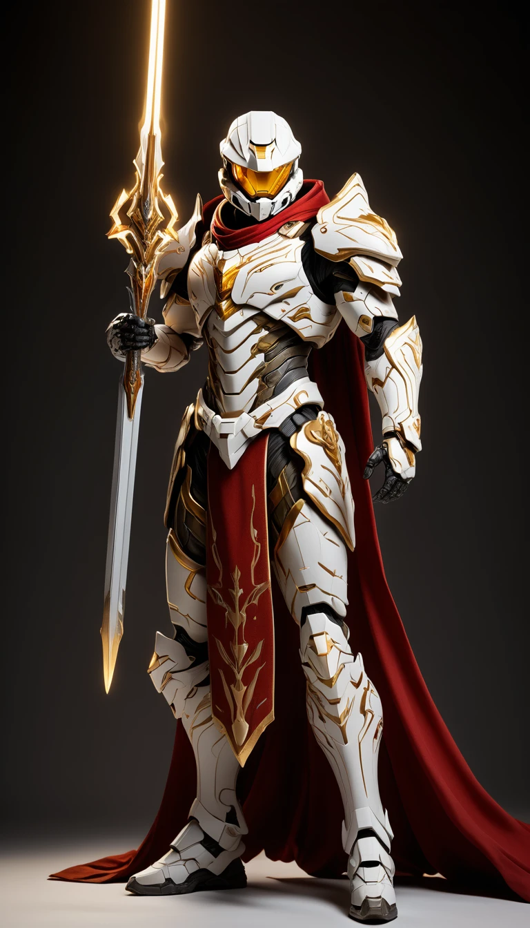 Masterpieces, male, Holy White Knight, Action style shot, (Battle Priest in a warframe and halo style armor wielding a sword imbued with radiant light, emanating potent light magic), (Red, white and gold color scheme), (white hood and cape), (action shot: holding sword), white and gold tabard (solid color background), centered, full body shot fighting, sci-fi knight, Halo master chief, vibrant colors, visible figure joints, cinematic shot, volumetric lighting, intricate pattern detail, highly detailed
