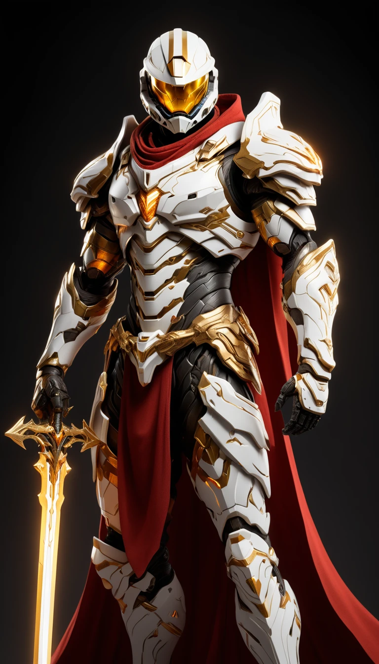 Masterpieces, male, Holy White Knight, Action style shot, (Battle Priest in a warframe and halo style armor wielding a sword imbued with radiant light, emanating potent light magic), (Red, white and gold color scheme), (white hood and cape), (action shot: holding sword), white and gold tabard (solid color background), centered, full body shot fighting, sci-fi knight, Halo master chief, vibrant colors, visible figure joints, cinematic shot, volumetric lighting, intricate pattern detail, highly detailed