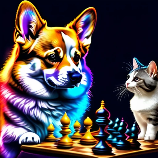 psychedelicstyle magic beamMake me a photo of cute corgi and cute American shorthaircat cat playing chess.