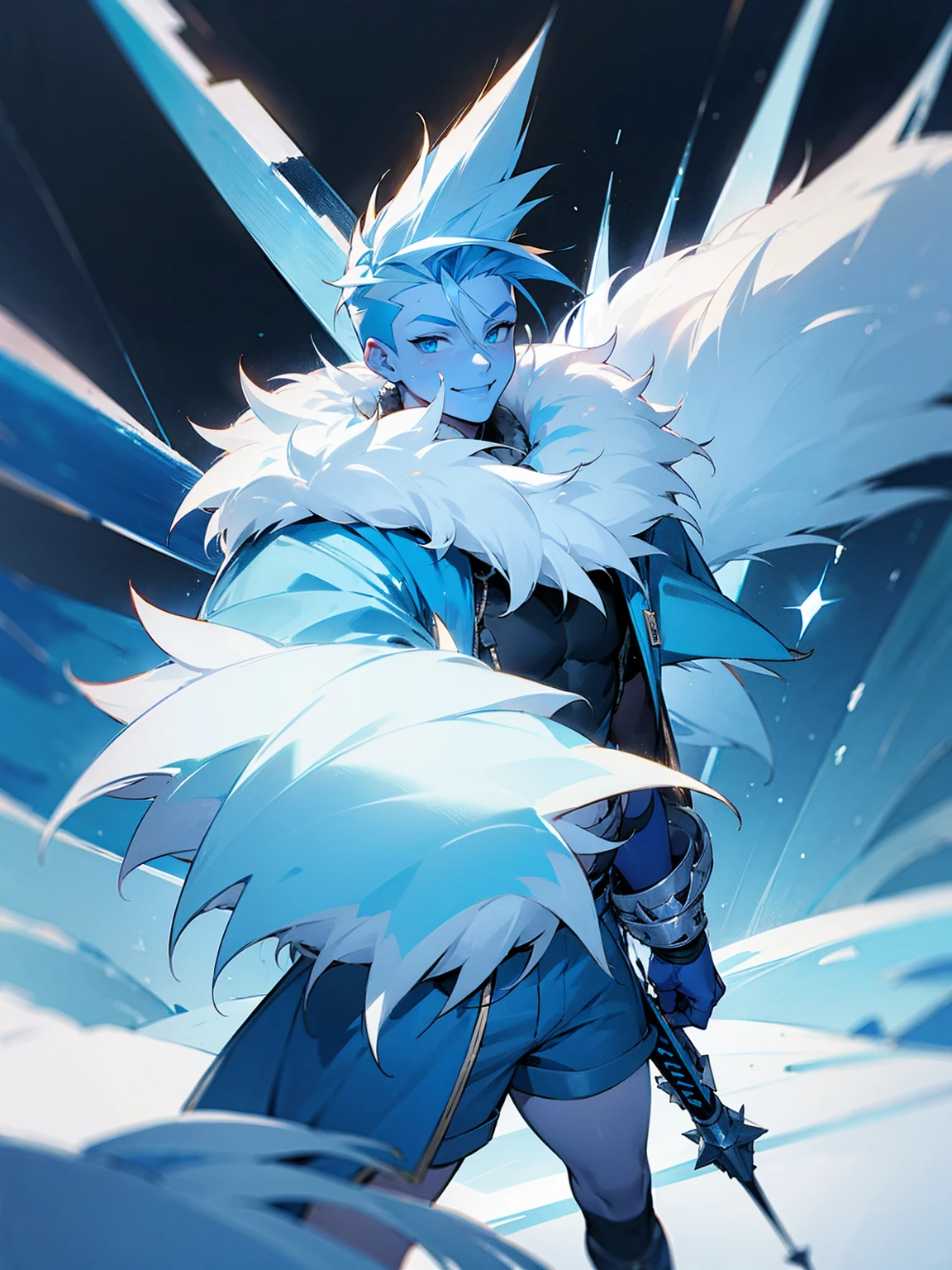 1male, blue skin, white spiky hair, modern undercut, oversized fur coat, blue shorts, snowy area, smile, ice on body