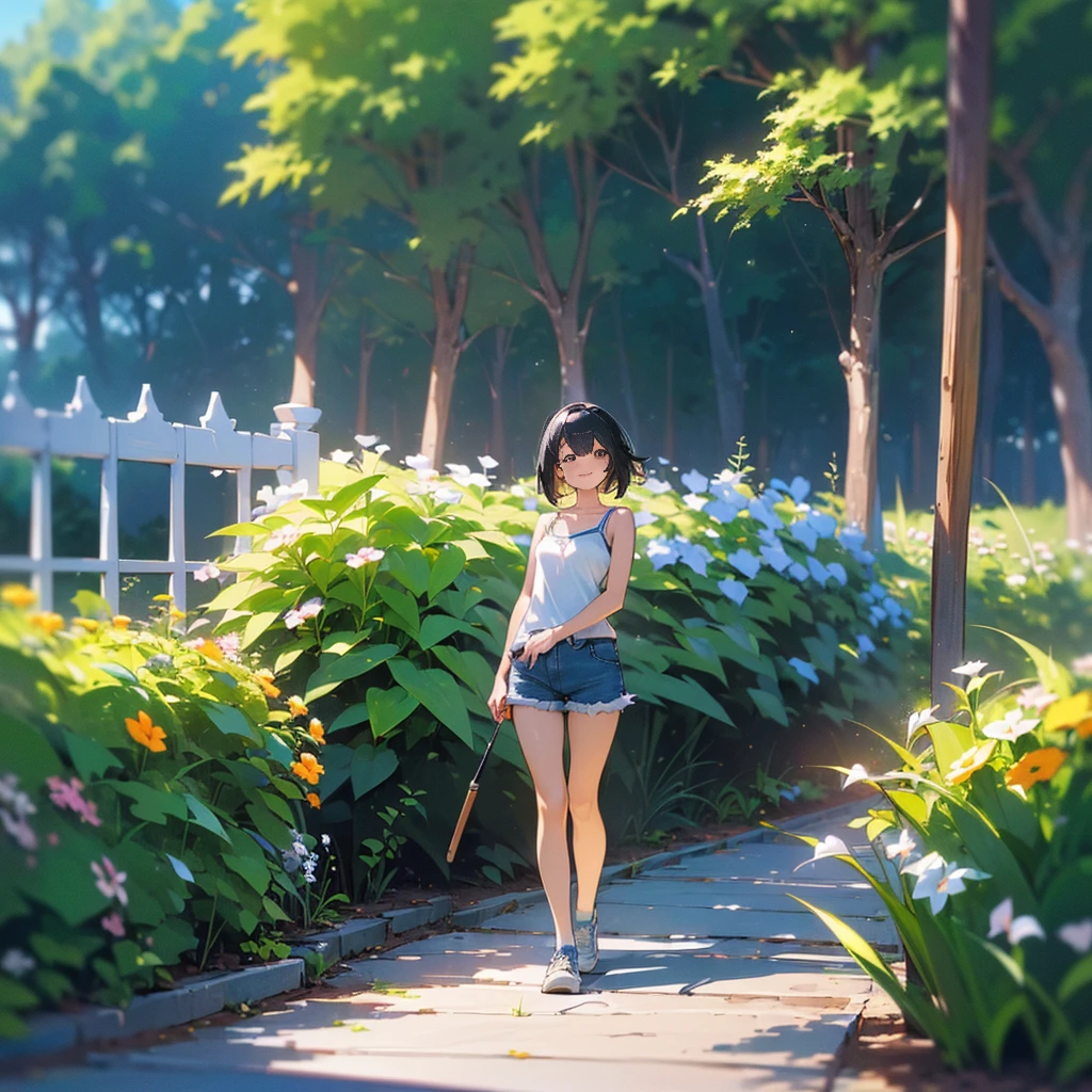 (high quality, High resolution, Very detailed, reality:1.37), Peaceful atmosphere, (Outdoor, garden), girl standing alone, (my breasts are big.), Beautiful details, Cute Smile, (Black bob hair), camisole, Denim shorts, Blue socks, sneakers.