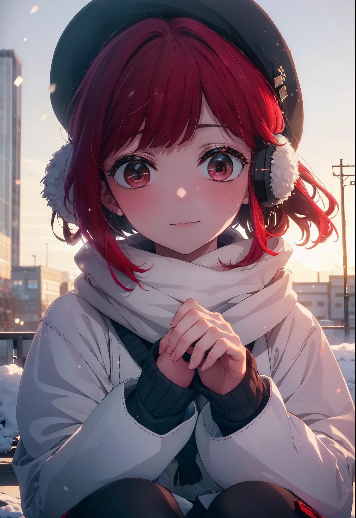 canary, Arima etc., long hair, bangs, (Red eyes:1.3), Redhead,  smile,White Breath,blush,Earmuffs,Knitted hat,Purple Scarf,White long coat,V-neck sweater,Long skirt,Black Pantyhose,short boots,snow,snow,snow,snow,snowが積もっています,snowが降る,whole bodyがイラスト入るように,Walking,
break outdoors, construction area,
break looking at viewer, whole body,
break (masterpiece:1.2), Highest quality, High resolution, unity 8k wallpaper, (shape:0.8), (Beautiful attention to detail:1.6), Highly detailed face, Perfect lighting, Extremely detailed CG, (Perfect hands, Perfect Anatomy),