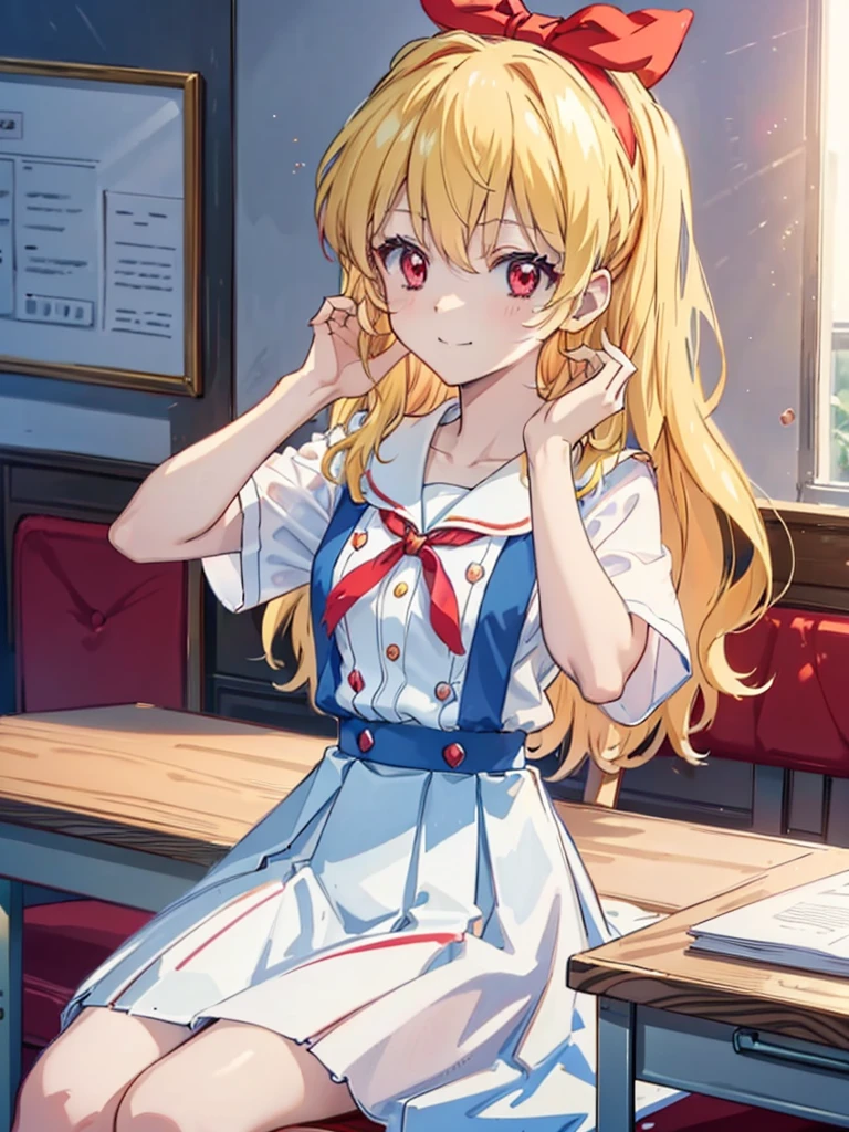 (red ribbon on hairband:1.2),（8K, best quality, muste piece:1.2)、ultra high resolution,1 very cute girl,hosimiya ichigo,ultra-detailed face, detailed eyes,RED eyes,,White sailor collar plain short sleeve shirt,light blue skirt,Light blue suspenders,uniform_red ribbon,Blonde Hair,long hair、detailed hand fingers,hand in own hair,smirk、sitting in a chair,desk in front of her,,classroom