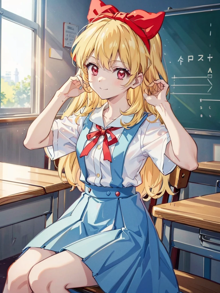 (red ribbon on hairband:1.2),（8K, best quality, muste piece:1.2)、ultra high resolution,1 very cute girl,hosimiya ichigo,ultra-detailed face, detailed eyes,RED eyes,,White sailor collar plain short sleeve shirt,light blue skirt,Light blue suspenders,uniform_red ribbon,Blonde Hair,long hair、detailed hand fingers,hand in own hair,smirk、sitting in a chair,desk in front of her,,classroom