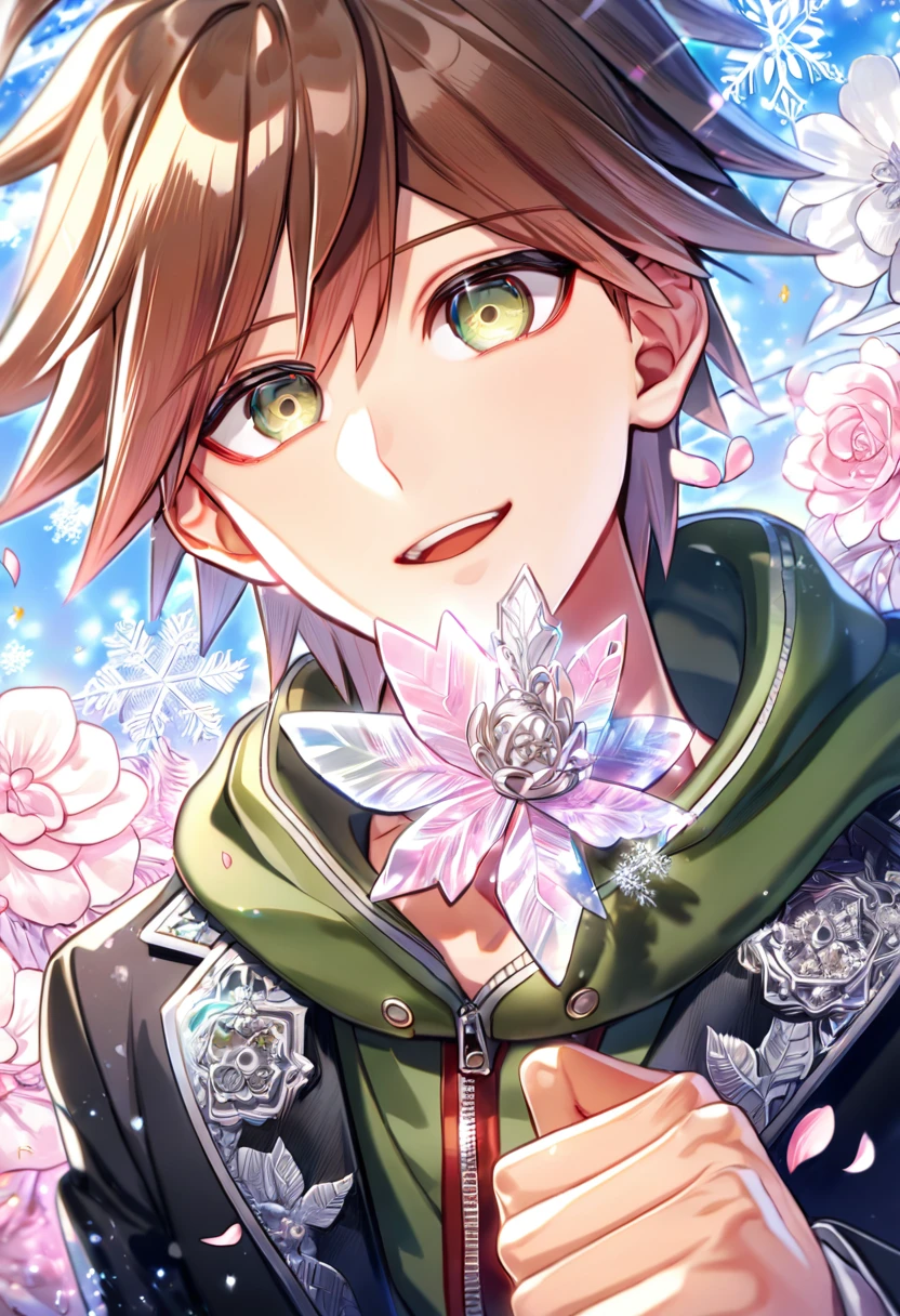 Ultra detailed, HDR, Highres, absurdres, master piece, Naegi Makoto, brown hair, expressive hazel eyes, black jacket, dull green hoodie, Danganronpa, handsome, ice glittering butterflies, ice, petals, ice pink glass flowers, glittering, fantasy, magical, snowflakes, cold, solo, sexy man, handsome smile