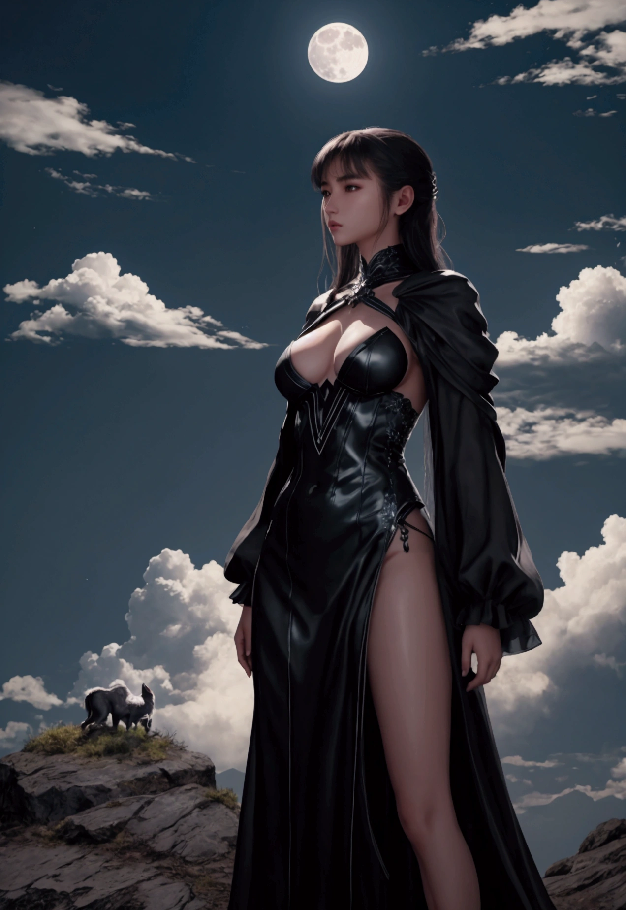 On a clear night and in a partially lit square, a beautiful and sensual woman stands on top of a hill with the full moon in the background partially covered by clouds.