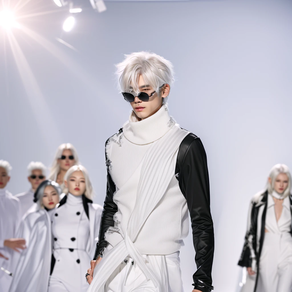 arafed male model with white hair and sunglasses walking on runway, ji-min, ray of light through white hair, on the runway, menacing look, seseon yoon, taejune kim, white haired, cloud-like white hair, south korean male, runway photo, in white turtleneck shirt, white hair floating in air