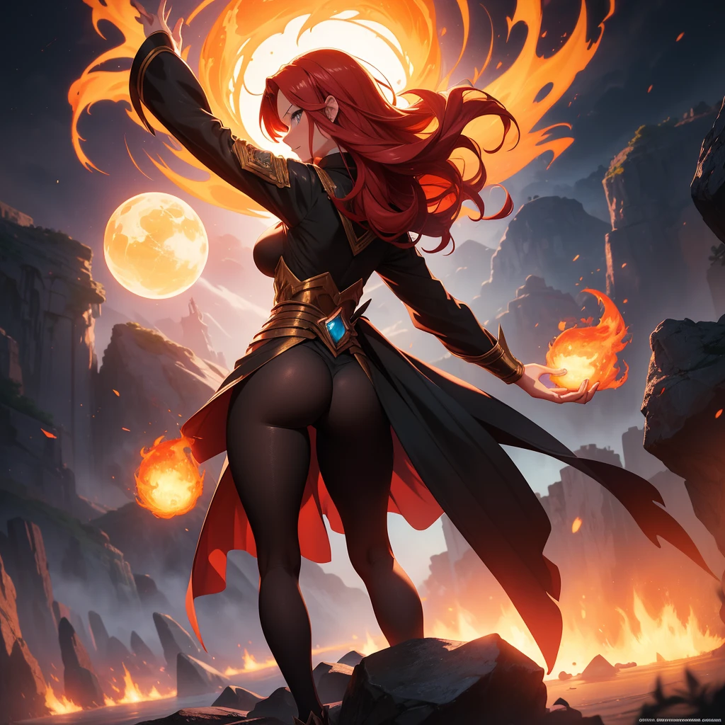(masterpiece, best quality, photorealistic, cinematic), wide shot, full body, front view, from behind, anime girl, red hair, standing on a mountain cliff with a glowing ball in her hands, perfect hands, nice hands, seaside, sunset, artgerm and atey ghailan, flames surround her, 2. 5 d cgi anime fantasy artwork, in the art style of mohrbacher, the sorceress casting a fireball, artgerm and rossdraws, wreathed in flame, rossdraws global illumination, fire spell