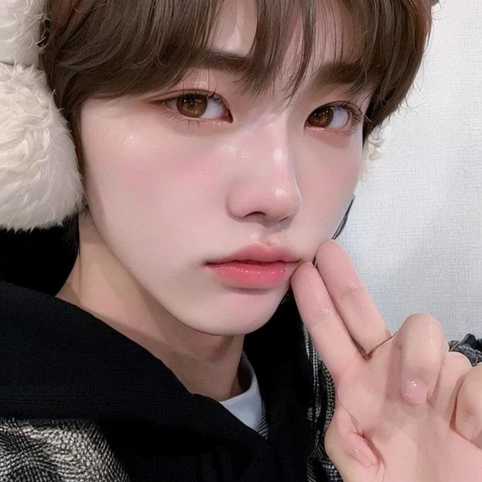 blurry image of a young man in a furry hat, Kim Doyoung, Jinyoung Shin, jung jaehyun, Jimin\the right eyelid is swollen, Tae June Kim, Jimin\fleshy lips, Jimin, adorable and pale korean face, hyung tae, 1 7 year old boy, lean face, sun yunjoo, Ulzzang spacious