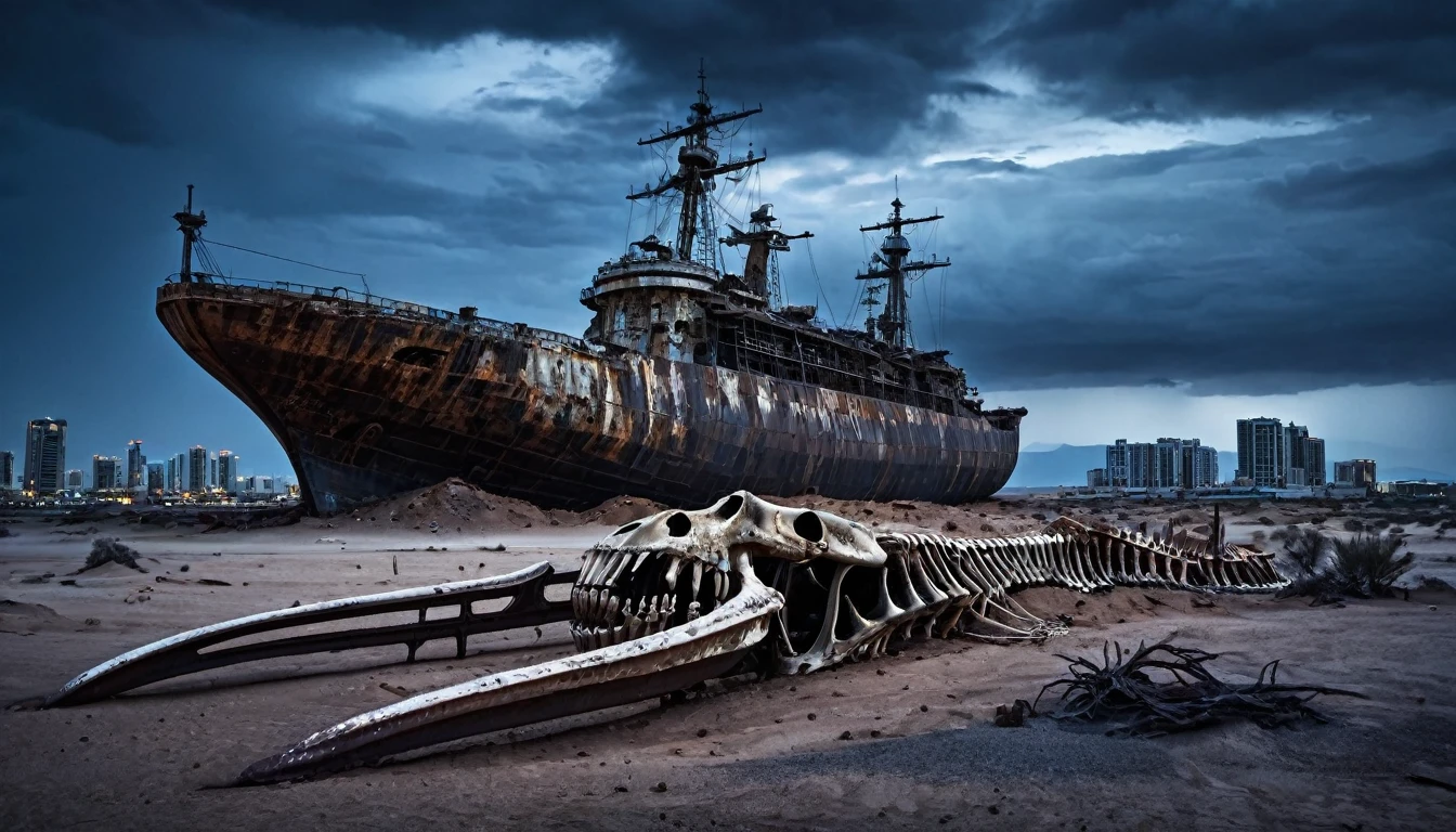 abandoned rusty big warship, post apocalyptic, night desert dark cloudy, and a whale skeleton next to it, and city in the background