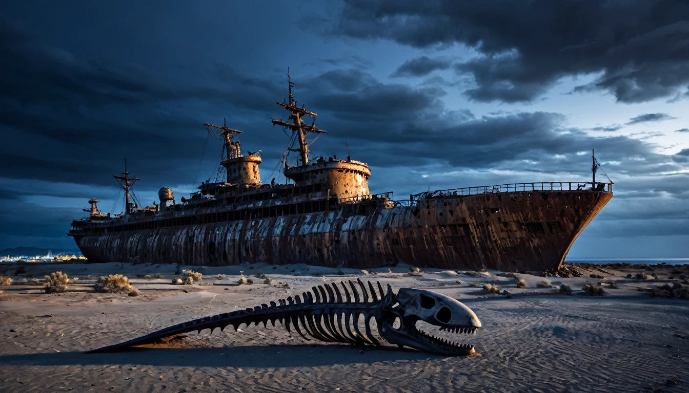 abandoned rusty big warship, post apocalyptic, night desert dark cloudy, and a whale skeleton next to it, and city in the background