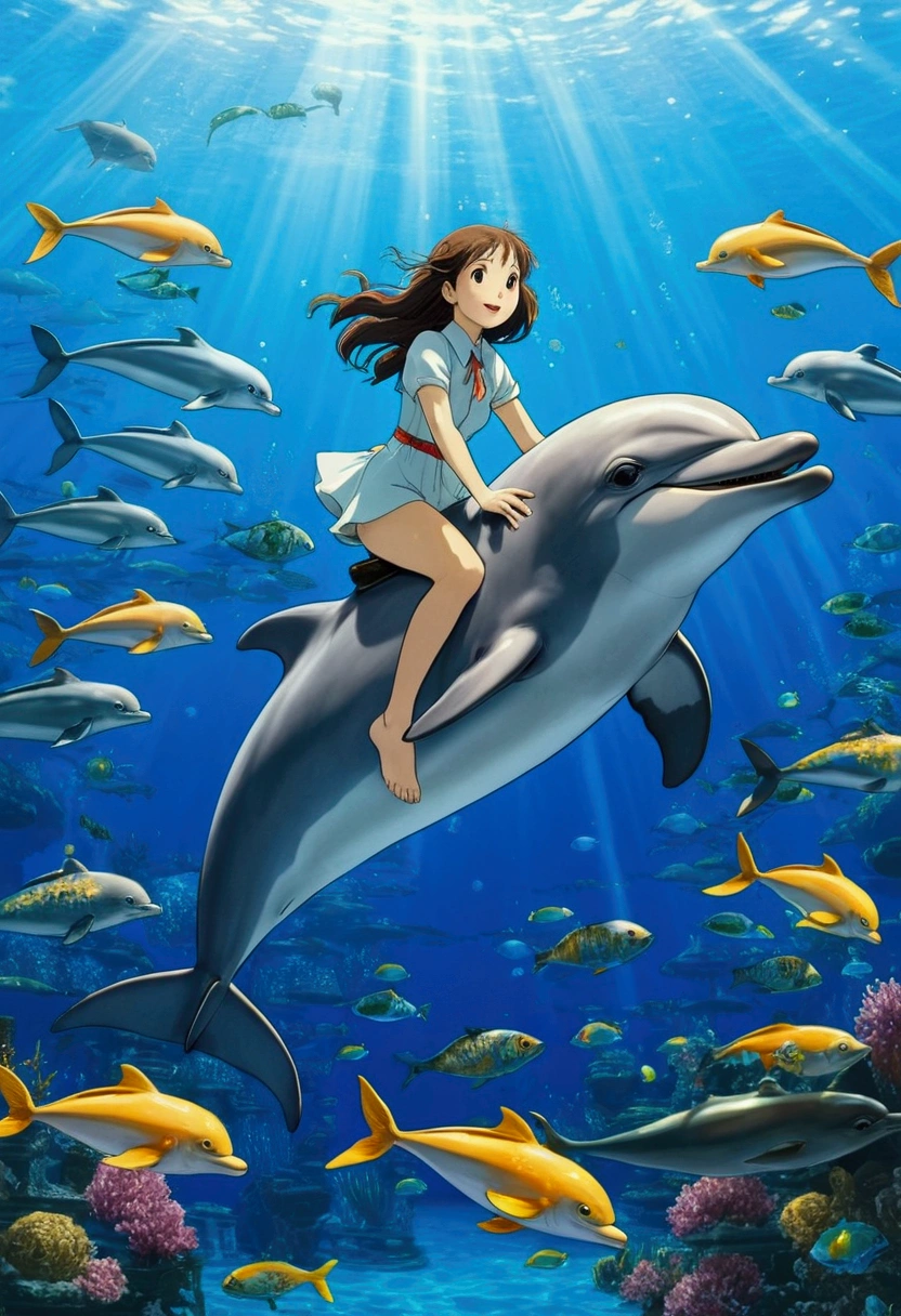 Ghibli Underwater Dolphin surrounded by fish Girl riding a dolphin