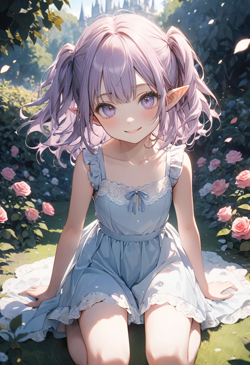 ((Masterpiece)), ((best quality)), ((kawaii)), ((extremely detailed)), (Anime:1.2), (8K), (High Definition:1.3), (Professional Photography:1.2), cinematic lighting, (very aesthetic:1.2), (absurdres:1.2), (sharp focus), (perfect light), (wide shot), ((12 years old)), 1girl, (cute teenage girl), ((Small breast)), (healthy skin), (loose camisole), kneeling, (waving hand), messy medium hair, (loose blunt bangs), pale thighs, (elf ear), (Short eyebrows), (healthy slim body), ((naughty smile)), pale purple hair, 1girl, solo, ((beautiful eyes)), beautiful detailed eyes, detailed face, perfect anatomy, in the Rose Garden, (Wonderland landscape),(Watercolor Background:1.3),