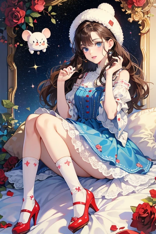 Misha has fair pale skin, and wavy dark brown hair that is below her waist. She has big blue eyes and pale brown lips, Her accessories consist of a fluffy mouse hat.

Her outfit consists of a rose prints and polka dots patterned dress, She wears lace socks and her shoes is red platform heels with mouse decoration and has white soles. SPARKLE; GLITTER