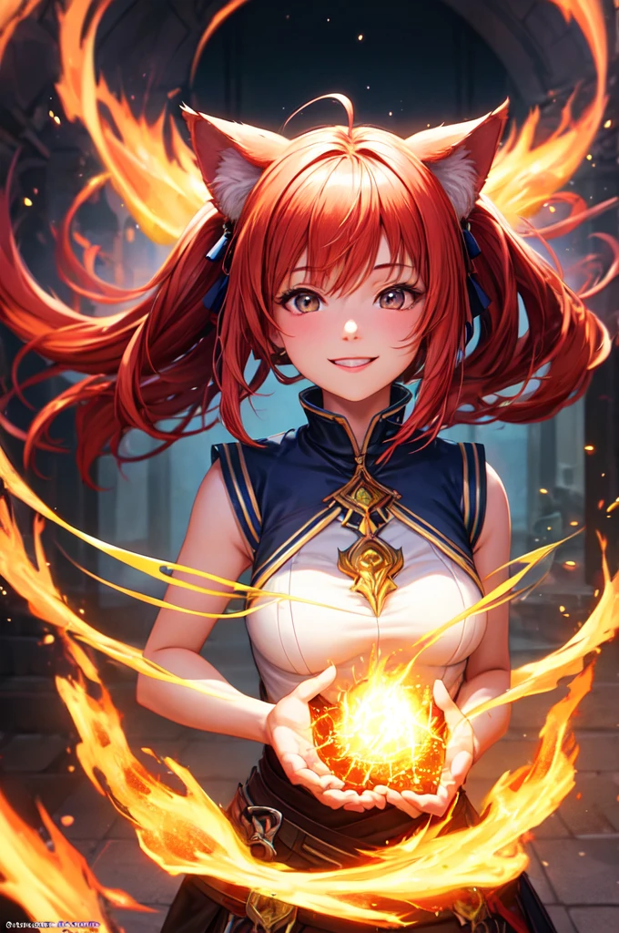 In an atmospheric and ethereal portrait, a paranormal luminescent neural network takes center stage. Image, amazingly detailed photo, reflects the interaction of mystical glow and advanced technology. Neural network floats in limbo, her circuits pulsate with an otherworldly light, as if there was a sentient being living inside. Threads of red-hot energy intertwine, creating a mesmerizing glow, which illuminates the environment. Flawless image quality clearly reveals complex network structure, inviting viewers to ponder the mysterious secrets, which it stores, red hair long pig tails, remove cat ears, smiling cute, dark mage, 2. 5 d cgi anime fantasy artwork, in the art style of mohrbacher, the sorceress casting a fireball, artgerm and rossdraws, wreathed in flame, rossdraws global illumination, fire spell