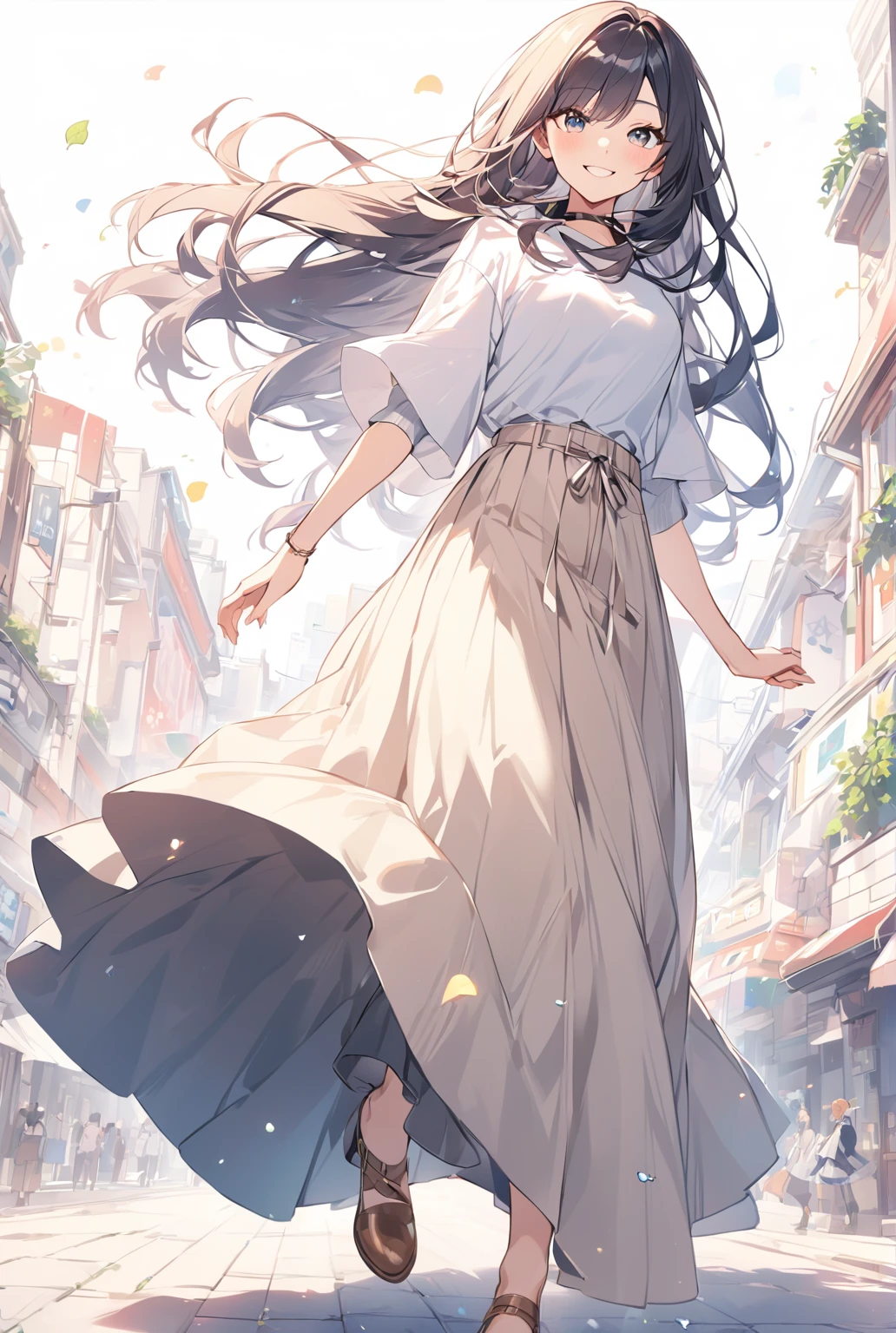 Wear a cool long skirt,Cute woman with a smile,Long Hair、