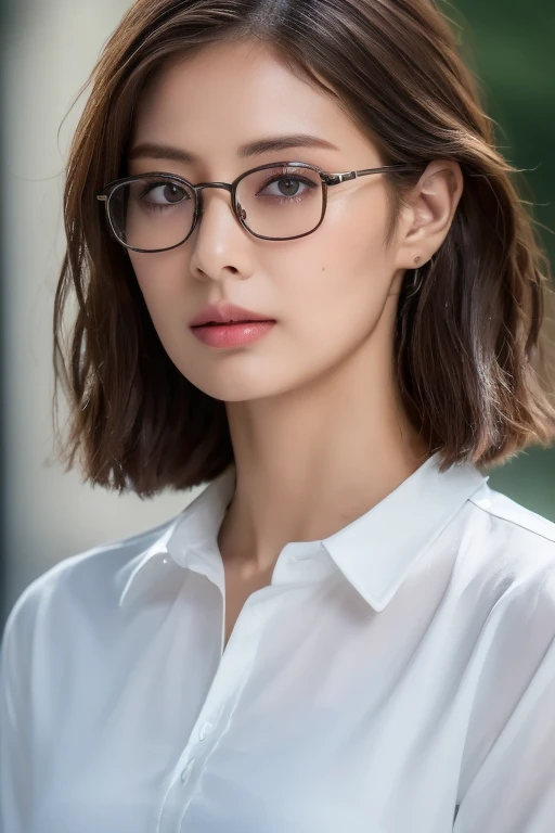 ((Highest quality, 8k, masterpiece: 1.3)), sharp: 1.2, Perfect Body Beauty: 1.4, Slim Abs: 1.2, ((Layered Hairstyles, Big Breasts: 1.2)), (Wet White Button Long Shirt: 1.1), (rain, street: 1.2), Wet: 1.5, Highly detailed face and skin texture, Beautiful Eyes, double eyelid, Profile looking at camera,Glasses,