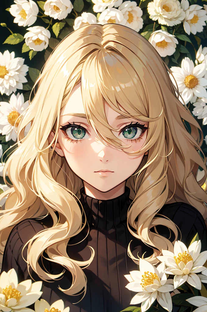 A thirty year old girl, with blonde hair, long and wavy and loose. green eyes. clear skin. tired eyes. looking to the camera. Wearing a beige sweater, around it a lot of colorful flowers.