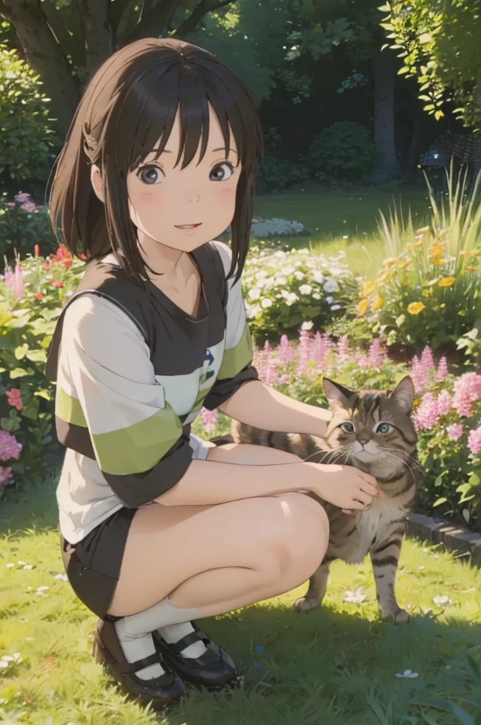 A smiling girl, on her knees, playing with her striped dark and light brown cat, Rajado, detailed eyes, detailed happy lips, anime facial features, beautiful garden scenery, warm lighting, she is wearing blue shorts and white t-shirt, (best quality,4k,8k,highres,masterpiece:1.2),ultra-detailed,(realistic,photorealistic,photo-realistic:1.37),anime,cartoon,fantasy, (seed 2226429115)