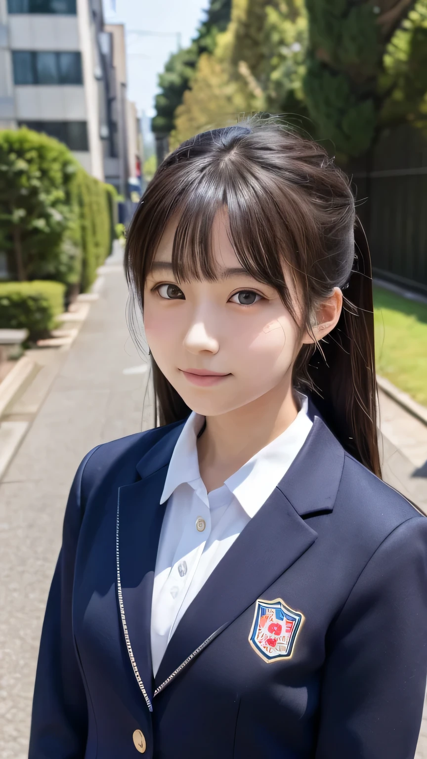 (masterpiece:1.2), Japanese, (18 years old), (((a girl))), (school blazer uniform), collared shirt, outdoor, plump, sunshine,