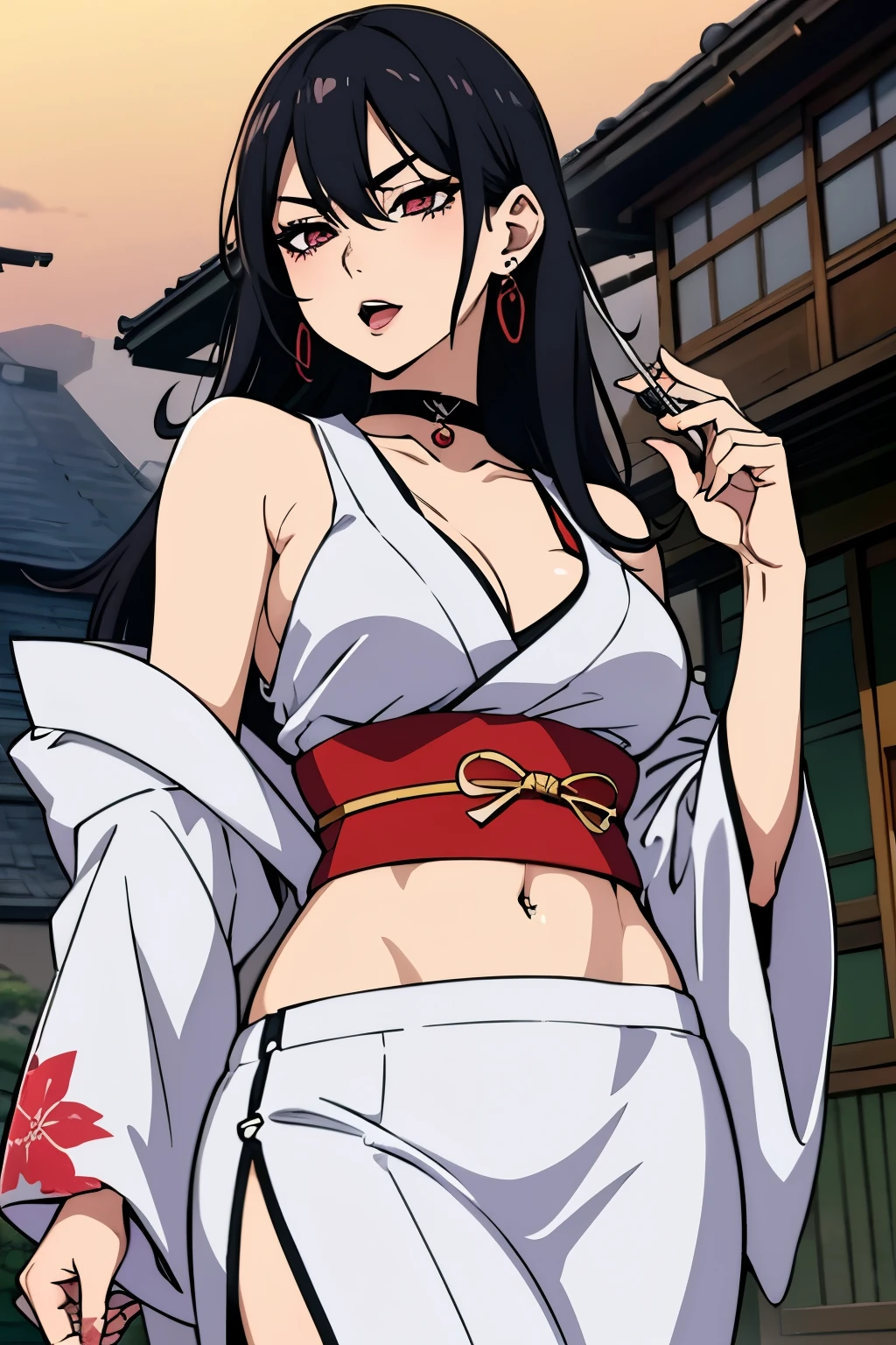 1girl, Dakeda Kaneshiro, tattoo, black hair, masterpiece anime character with long hair and red flowers, inspired by Kusumi Morikage, female anime character, , as a character in tekken, beautiful anime woman, the piercing stare of yuki onna, manhwa, yakuza girl,  earrings, jewelry, long hair, blush, lipstick, Hot girl, baddie, staring, glaring, bad attitude, mean girl, dare, angry, hate, crazy, smoking, sensual, attractive, masterpiece, best quality, highly detailed, a anime girl in kimono dress ,holding sword, bare shoulder,open kimono, evil smile, open mouth, crop top , smile, ecchi anime style, anime girls, ecchi style, ecchi, digital anime art!!, in anime style, official artwork, visual novel cg, beautiful anime girl, anime style 4 k, kimono pencil skirt, exposed belly, exposed navel, exposed midriff, exposed lower belly, outdoor, japanese architecture, temple