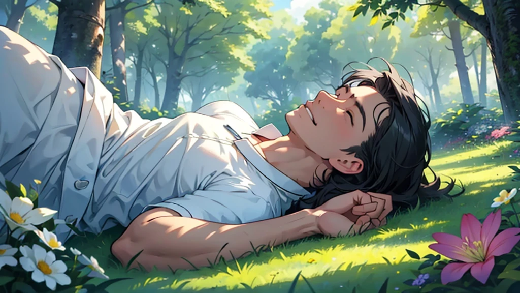 

"A calm man, with a serene expression, is lying on a lush green lawn, surrounded by tall trees and colorful flowers. The sky above is clear, with some soft white clouds floating. He's in a relaxed, No worries, with your eyes closed and a slight smile on your face, enjoying the peace and tranquility of the natural environment around you."