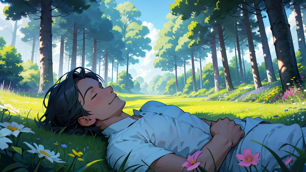 "A calm man, with a serene expression, is lying on a lush green lawn, surrounded by tall trees and colorful flowers. The sky above is clear, with some soft white clouds floating. He's in a relaxed, No worries, with your eyes closed and a slight smile on your face, enjoying the peace and tranquility of the natural environment around you."