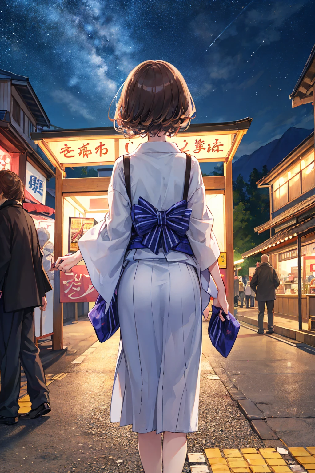masterpiece, Highest quality, Very detailed, shape, omatsuri, food stand, One Girl, Beautiful Eyes, View your audience, From behind, Cowboy Shot, Remember, yukata, wood, Outdoor,road, walk,  crowd, night, lanthanum, festival, food, Paved, 横断歩road, paper lanthanum, lamp post, Brown Hair, night sky,