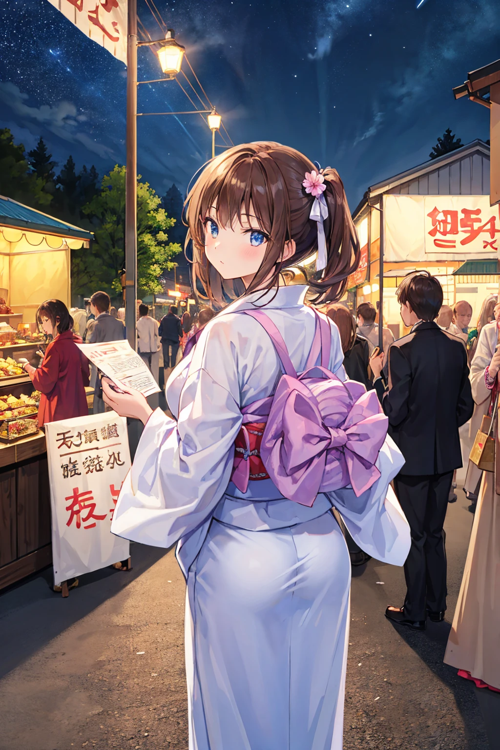 masterpiece, Highest quality, Very detailed, shape, omatsuri, food stand, One Girl, Beautiful Eyes, View your audience, From behind, Cowboy Shot, Remember, yukata, wood, Outdoor,road, walk, crowd, night, lanthanum, festival, food, Paved, 横断歩road, paper lanthanum, lamp post, Brown Hair, night sky,