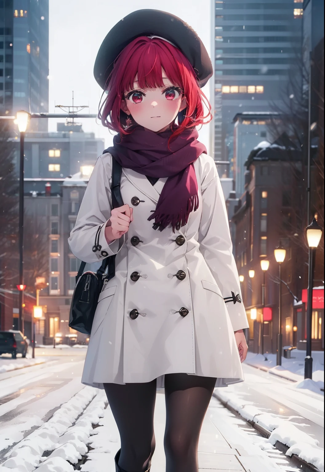 canary, Arima etc., long hair, bangs, (Red eyes:1.3), Redhead, smile,White Breath,blush,Earmuffs,Knitted hat,Purple Scarf,White long coat,V-neck sweater,Long skirt,Black Pantyhose,short boots,snow,snow,snow,snow,snowが積もっています,snowが降る,whole bodyがイラスト入るように,Walking,
break outdoors, construction area,
break looking at viewer, whole body,
break (masterpiece:1.2), Highest quality, High resolution, unity 8k wallpaper, (shape:0.8), (Beautiful attention to detail:1.6), Highly detailed face, Perfect lighting, Extremely detailed CG, (Perfect hands, Perfect Anatomy),
