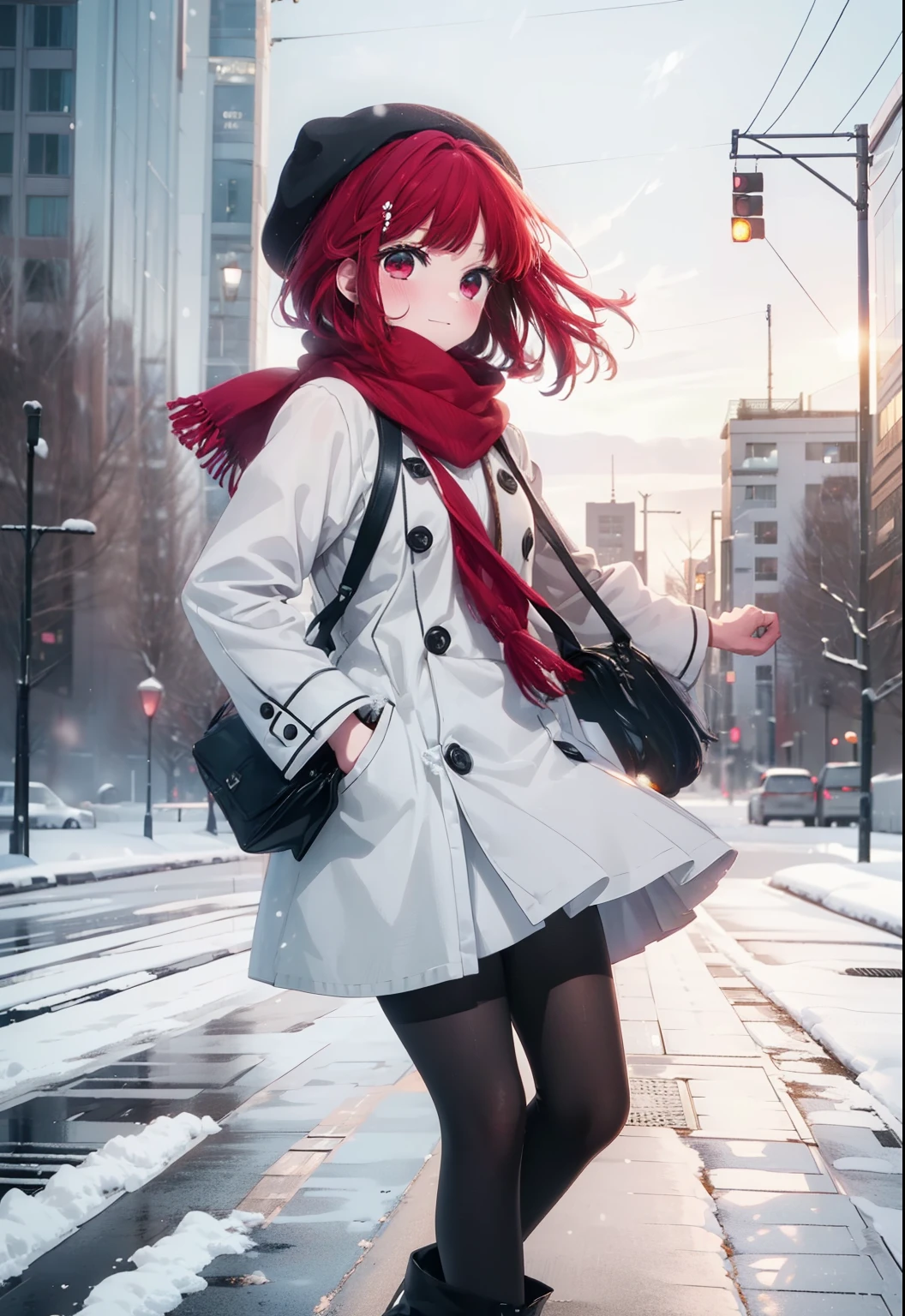 canary, Arima etc., long hair, bangs, (Red eyes:1.3), Redhead, smile,White Breath,blush,Earmuffs,Knitted hat,Purple Scarf,White long coat,V-neck sweater,Long skirt,Black Pantyhose,short boots,snow,snow,snow,snow,snowが積もっています,snowが降る,whole bodyがイラスト入るように,Walking,
break outdoors, construction area,
break looking at viewer, whole body,
break (masterpiece:1.2), Highest quality, High resolution, unity 8k wallpaper, (shape:0.8), (Beautiful attention to detail:1.6), Highly detailed face, Perfect lighting, Extremely detailed CG, (Perfect hands, Perfect Anatomy),