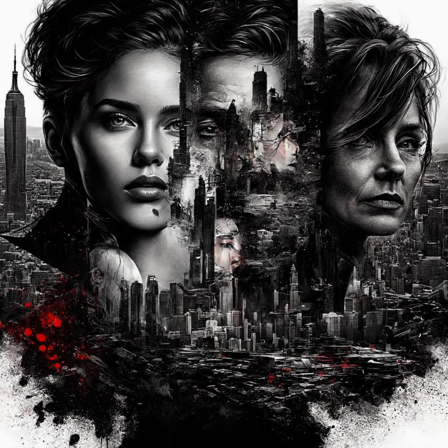 two illustrations of a man and a woman with a city in the background, epic portrait illustration, Stunning works of art, old and young, extremely detailed portrait, incredible works of art, por Adam Marczyński, dramatic art, beautiful digital art, beautiful art work, high contrast illustrations, por Derek Zabrocki, by Gabor Szikszai, by Galen Dara