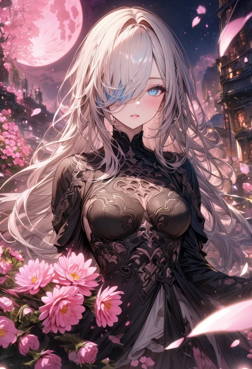 absurdres, highres, ultra detailed, HDR, master piece, best quality, extremely detailed, A2, white hair, long hair, expressive blue eyes, hair over the left eye, Nier Automata, woman, solo, beautiful, black clothes, long black gloves, fantasy, sparkling, pink glittering fireflies, pink moon, pink blossoms, pink chrysanthemums, pink sparkling lights, starry sky, magical