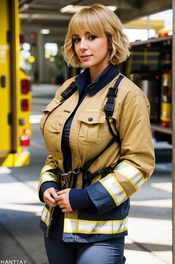 Sexy Firefighter huge breasts uniform blonde short hair at San Francisco 