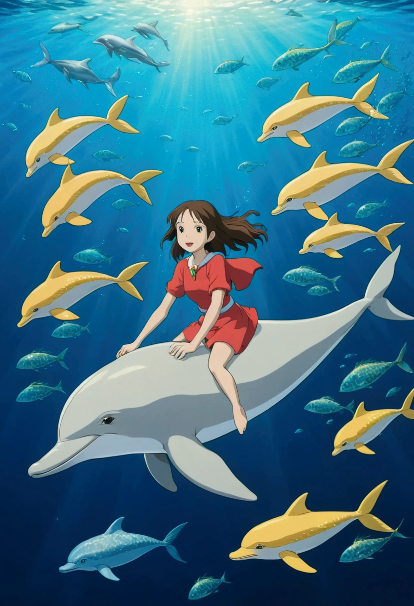 Ghibli Underwater Dolphin surrounded by fish Girl riding a dolphin