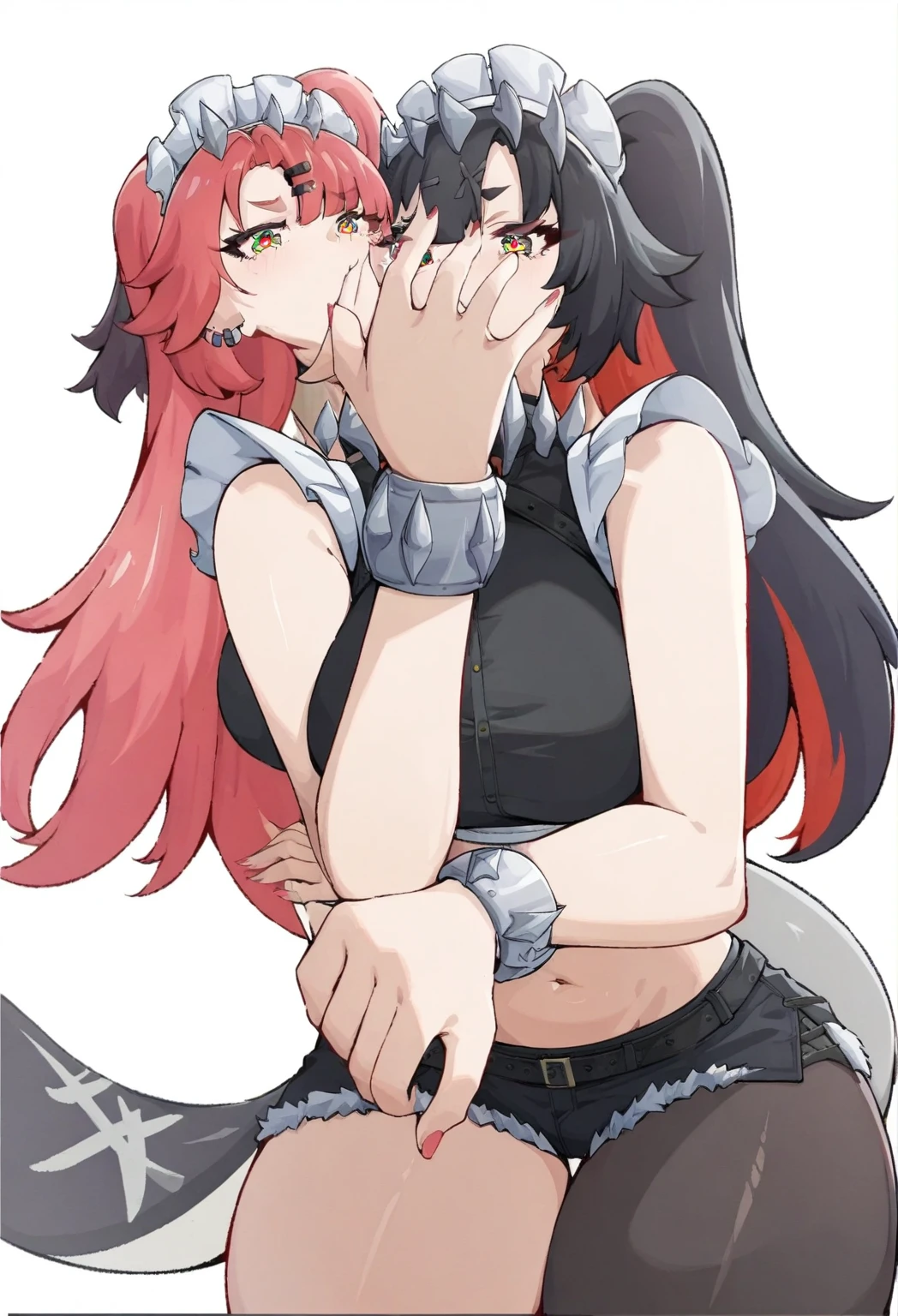 two woman kissing, 8k, best quality, masterpiece, (ultra-detailed:1.1), (one green eye:1.3), (high detailed skin), (full body:1.2), white background, standing, looking at viewer, (solo:1.4), hand on hip, nike, 1girl, large breasts, hair ribbon, twintails, pink hair, tube top, midriff, black shorts, (single thighhigh:1.2), (white background, simple background:1.4), ( good hands, nice hands:0.5), (beautiful_face), ((intricate_detail)), clear face, ((finely_detailed)), fine_fabric_emphasis, ((glossy)), full_shot, ellenjoe, ellen joe, black hair, colored inner hair, multicolored hair, (one red eye:1.3), red hair, short hair, two-tone hair, BREAK bapron, black pantyhose, black shirt, black skirt, ear piercing, fins, fish tail, maid, maid apron, maid headdress, pantyhose, piercing, puffy short sleeves, puffy sleeves, shark girl, shark tail, shirt, short sleeves, skirt, tail, two-tone hair, wrist cuffs, BREAK outdoors, city, sky, clouds, sun, park BREAK looking at viewer, (cowboy shot:1.5), BREAK (masterpiece:1.2), best quality, high resolution, unity 8k wallpaper, (illustration:0.8), (beautiful detailed eyes:1.6), extremely detailed face, perfect lighting, extremely detailed CG, (perfect hands, perfect anatomy)