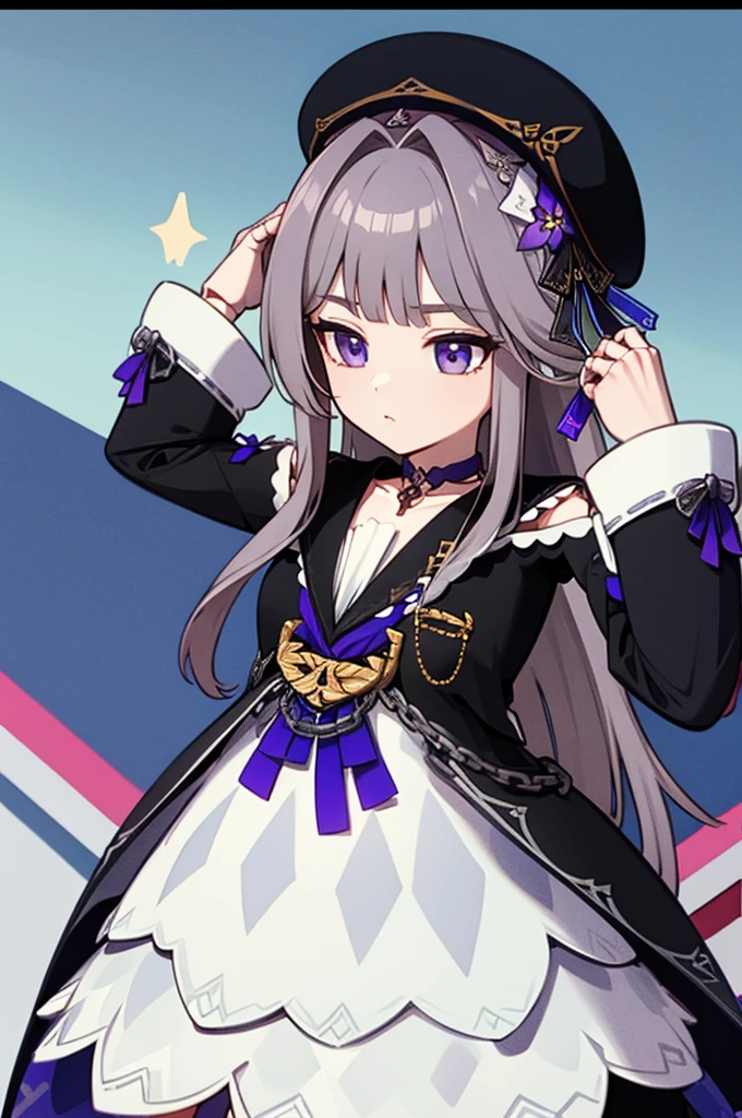 aaherta, long hair, grey hair, hair flower, beret, black headwear, joints, choker, key, sailor collar, shoulder cutout, white dress, detached sleeves, herta, star rail herta, madam herta, star rail, arms up, absolute cinema meme, arms, front, front body, front body, hands up, front arms up