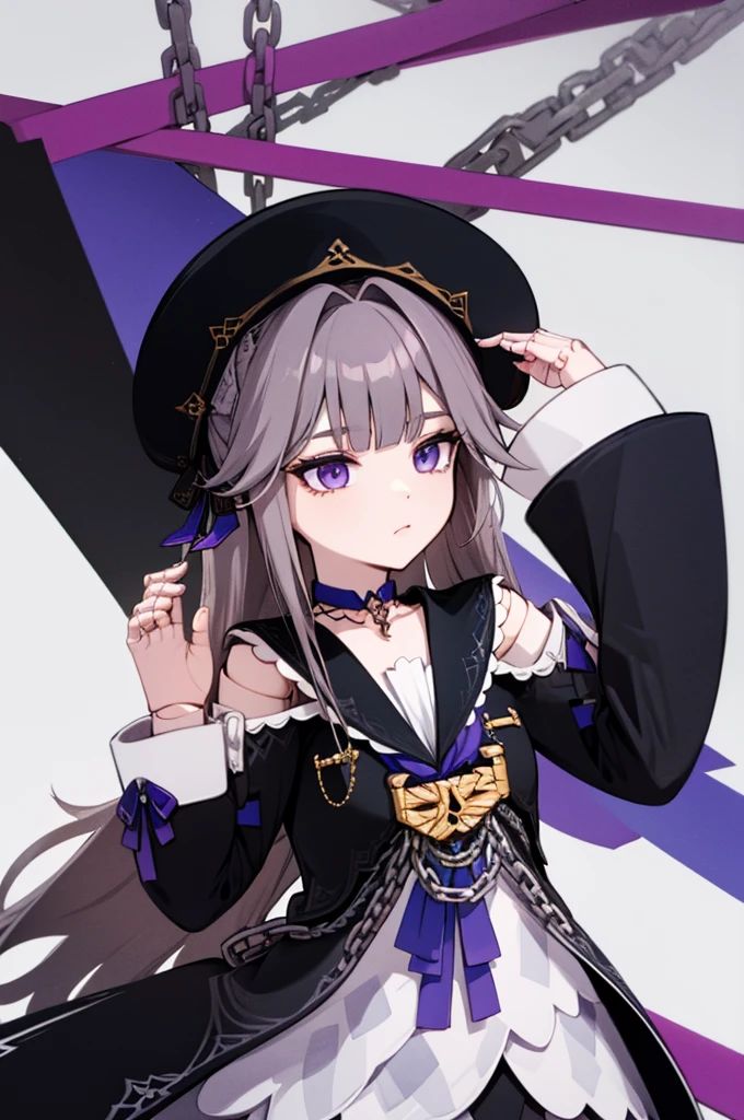 aaherta, long hair, grey hair, hair flower, beret, black headwear, joints, choker, key, sailor collar, shoulder cutout, white dress, detached sleeves, herta, star rail herta, madam herta, star rail, arms up, absolute cinema meme, arms, front, front body, front body, hands up, front arms up