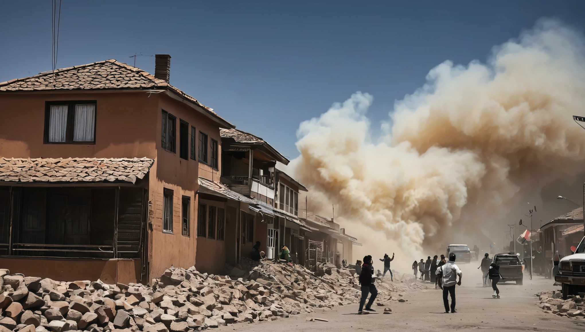 whoa, Dramatic image depicts a frightening earthquake scenario. The scene shows houses and buildings shaken due to the strong tremor in Atacama, Chile. People on the street and dust raised due to the strong movement of buildings. The darkened sky makes the scenario threatening and critical.