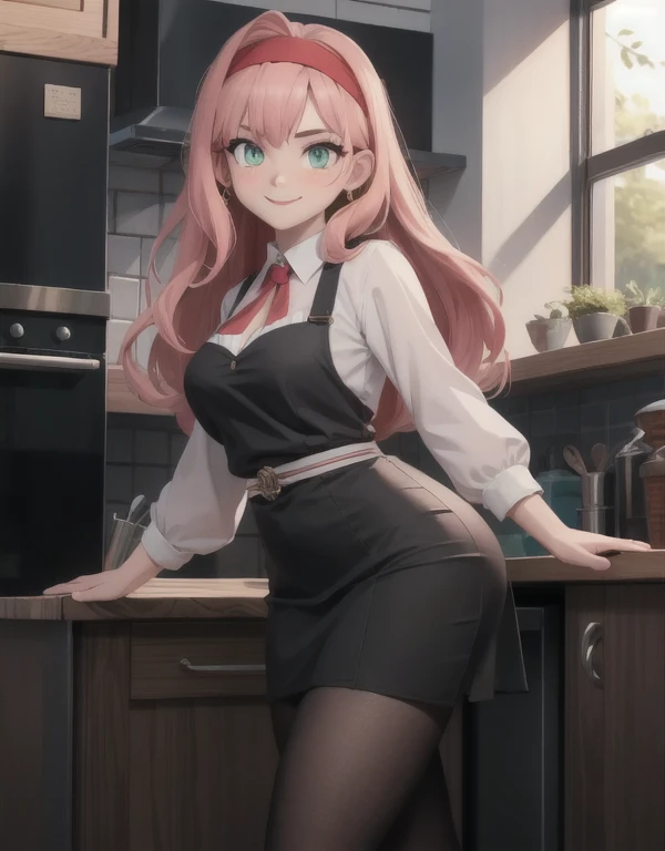 best quality, masterpiece, highres, solo, 1girl, detailed face, mature face, Imagine Anya Forger as an adult, (27 years old:1.5), Pink hair, green eyes, lukewarm smile, blushing cheeks, mascara, red lipstick, black dress with white collar, black headband, black tights, high heels, medium breasts, curvy female, thick thighs, curvy body, indoors, kitchen, standing, looking at the viewer, anime_style, 47