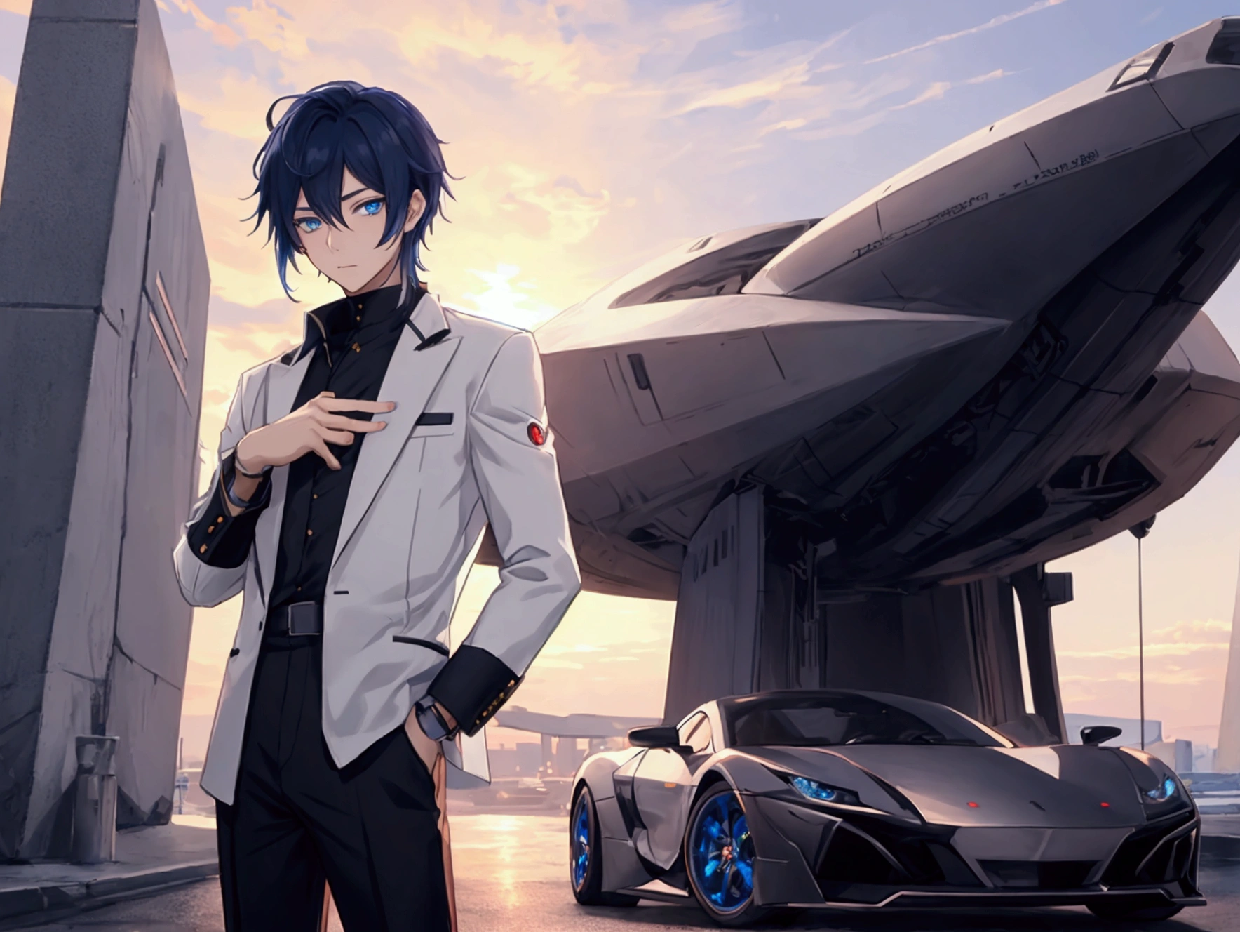 An anime boy in a secret organization outfit, with your hands in your pants pocket, leaning against a futuristic car, your eyes are serene, he is serene and showing boredom with love, gorgeous eyes, Bblack hair, blue colored eyes, good art, good drawing, 2D anime, 2d, futuristic sunset scene, 2 hands and 5 fingers on each hand, beautiful hands, good hands drawn, 4K, 8k, futuristic environment,