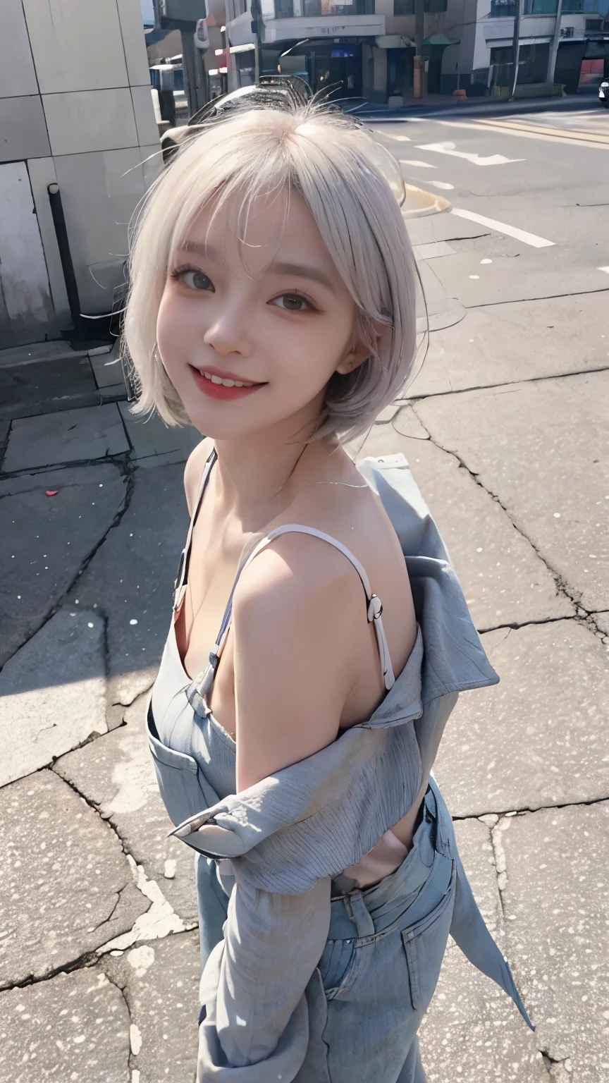 Best image quality、RAW Photos、Ultra-high resolution、21 years old Korean、Small breasts、Dynamic Angle、Cowboy Shot、Chaos in its most beautiful form、elegant、Brutalist Design、Vibrant colors、Beautiful white hair、Short Bob、smile、fun、smile、Glowing White Skin、Beautiful eyes with random colors、Very thin lips、Beautiful eyes in every detail、length, Narrow eyes、Cheeks are pale pink、length eyelashes、Beautiful double eyelids、eye shadow、Bright white hair、Overalls、city、Photographed from diagonally above、Selfie、Full Body Shot、I can see your chest、
