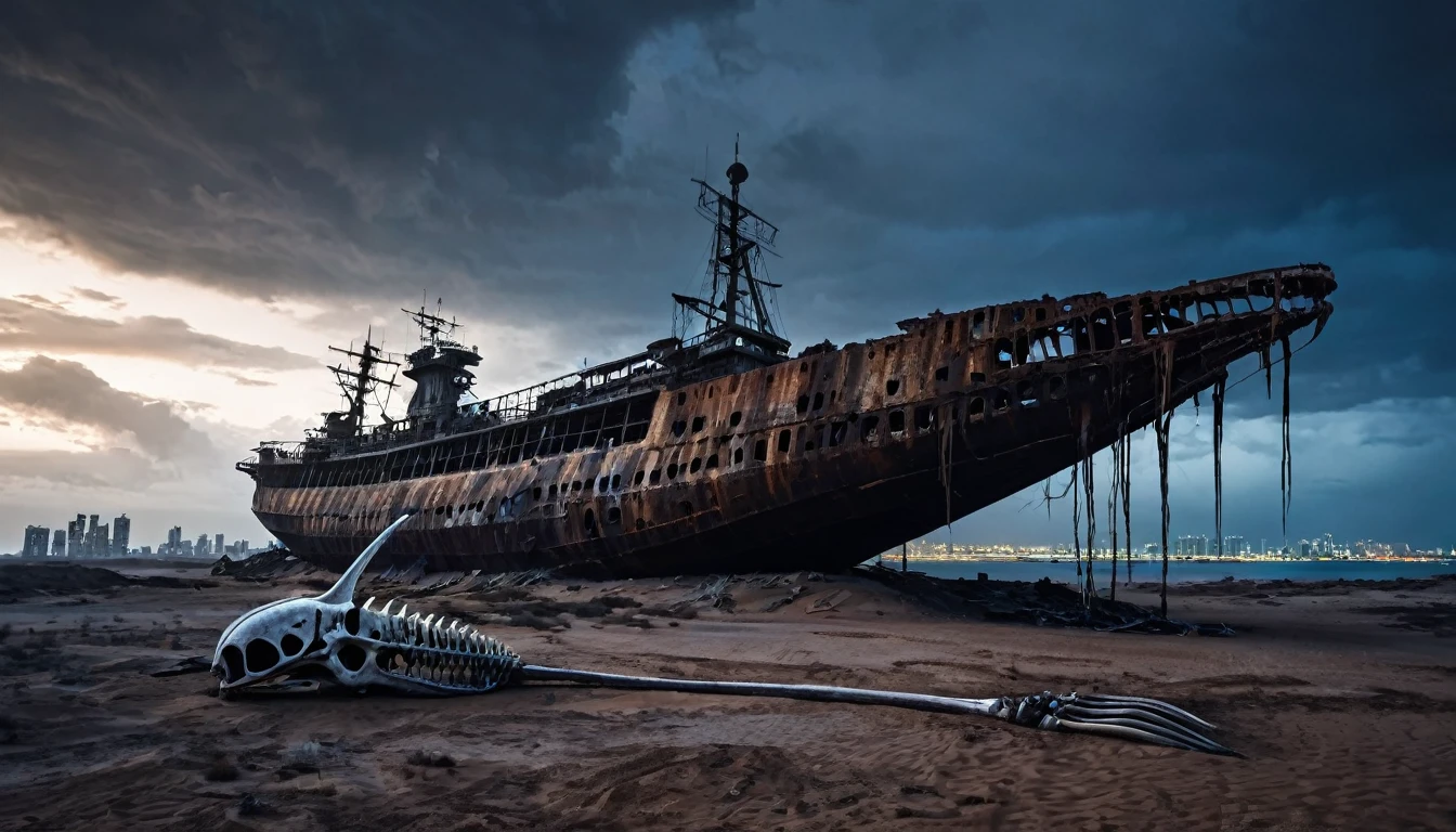 abandoned rusty big warship, post apocalyptic, night desert dark cloudy, and a whale skeleton next to it, and city in the background